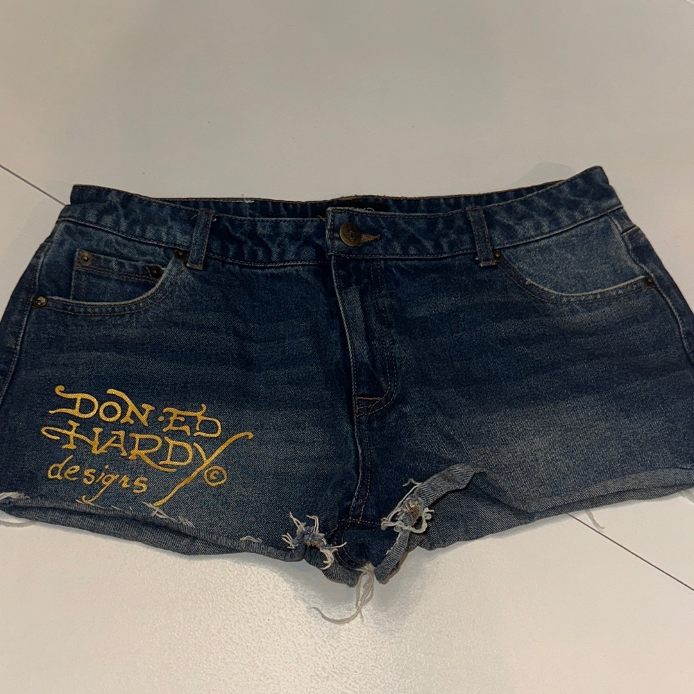Ed Hardy Women's Dark Blue Jean Shorts with Gold Accents